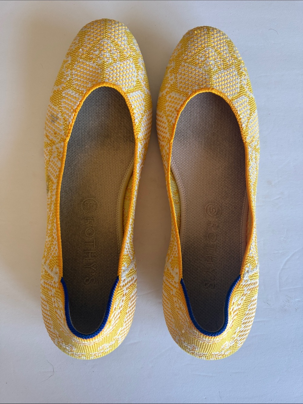Rothy's Yellow Knit Ballet Flats with Blue Trim women’s 13